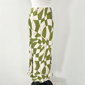 Geo Checkered Satin Maxi Skirt - Olive/Ivory