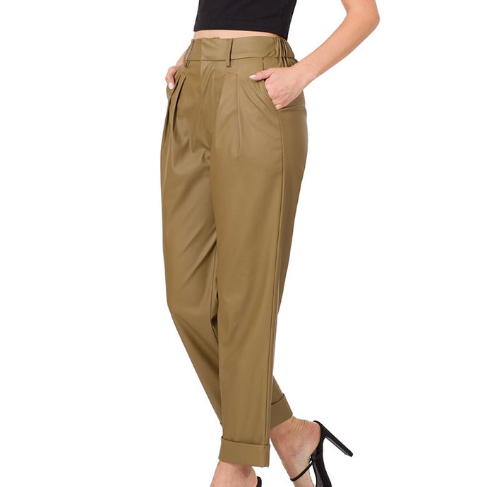 Vegan Leather Pleat Front Pants - Khaki