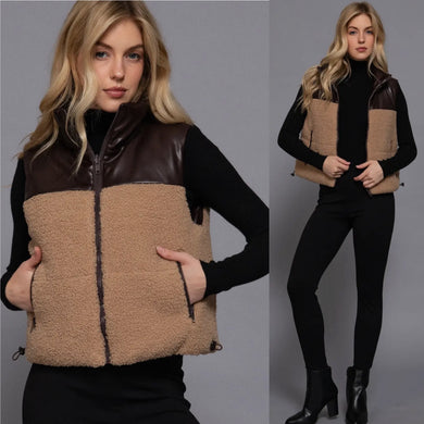 Uptown Vegan Shearling & Leather Vest - Khaki/Cocoa