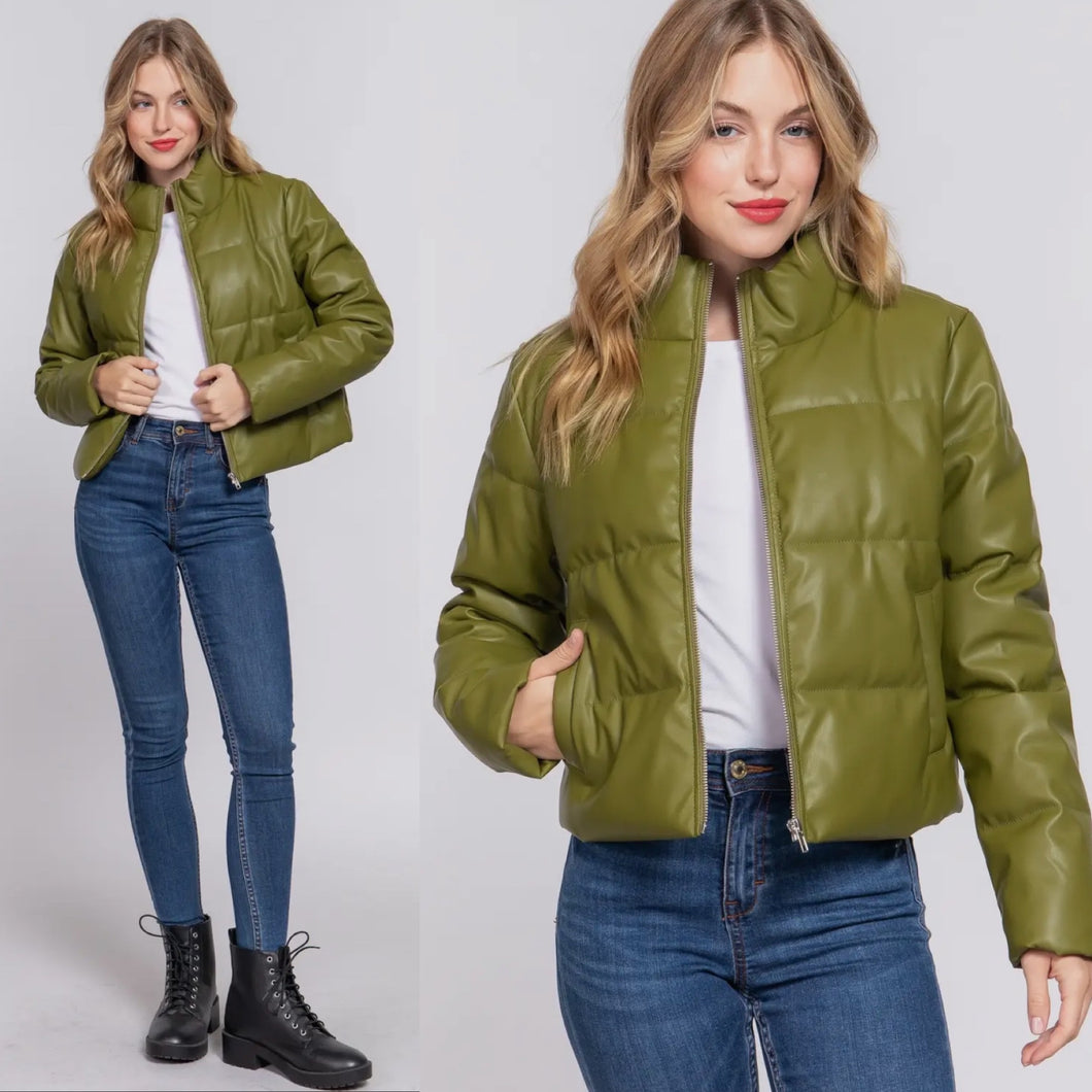 Downtown Vegan Leather Puffer Jacket - Olive