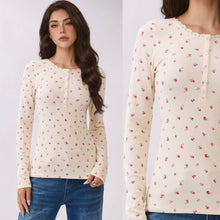 Henley Long Sleeve Top - Cream Ditsy Rose