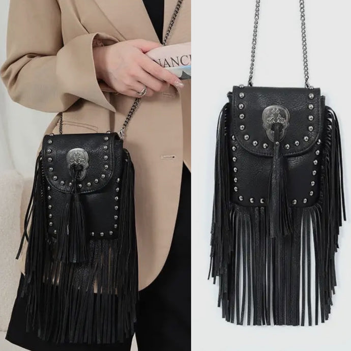 Outlaw Fringe Crossbody Skull Bag - Black