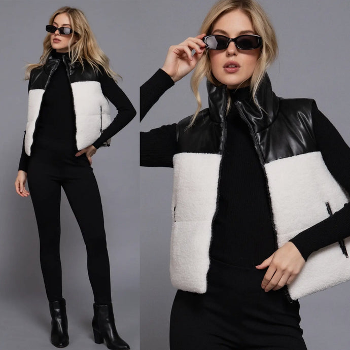 Uptown Vegan Shearling & Leather Vest - Black/Ivory