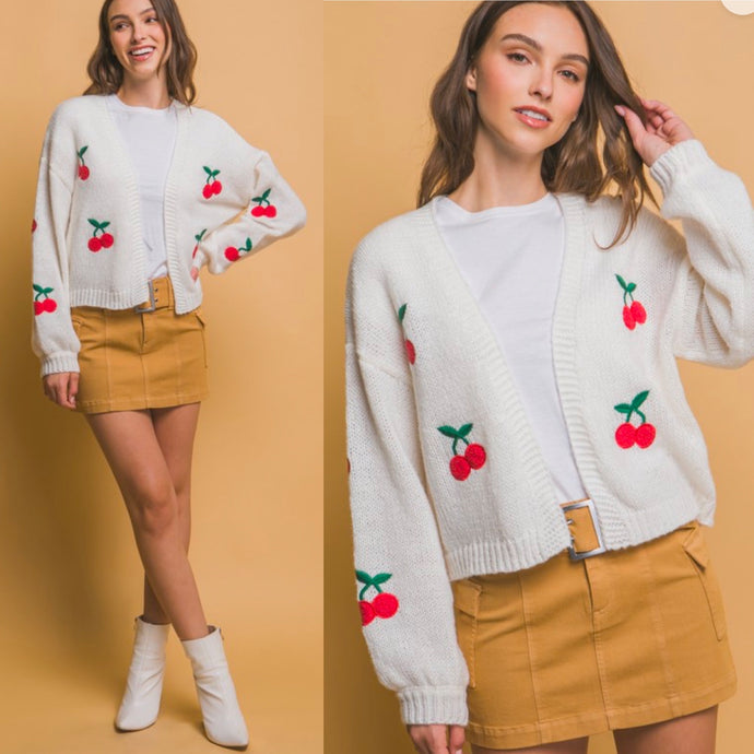 Cherry Bomb Cardigan Sweater - White