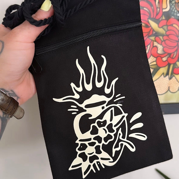 Sacred Heart Tattoo Canvas Crossbody Bag - Black