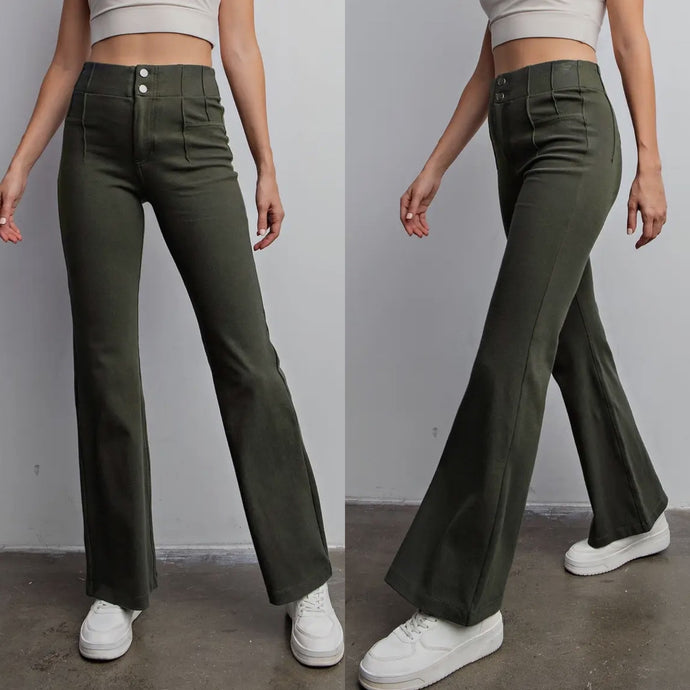 Ultimate Soft Stretch Button Up Bell Bottom Jeans - Olive