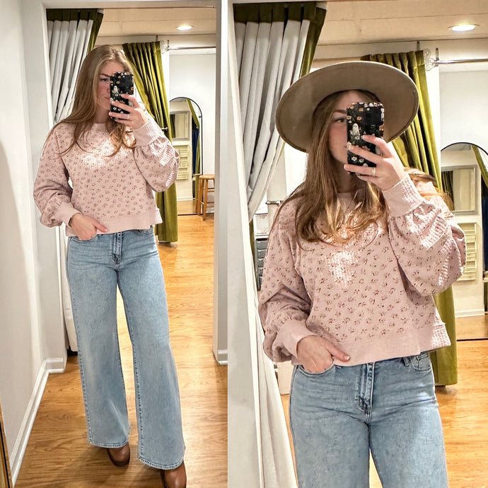 Ditsy Floral Textured Pullover  - Pink