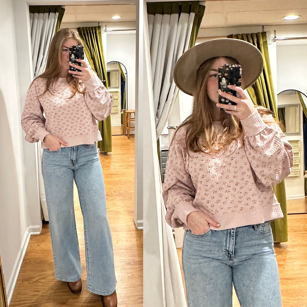 Ditsy Floral Textured Pullover  - Pink