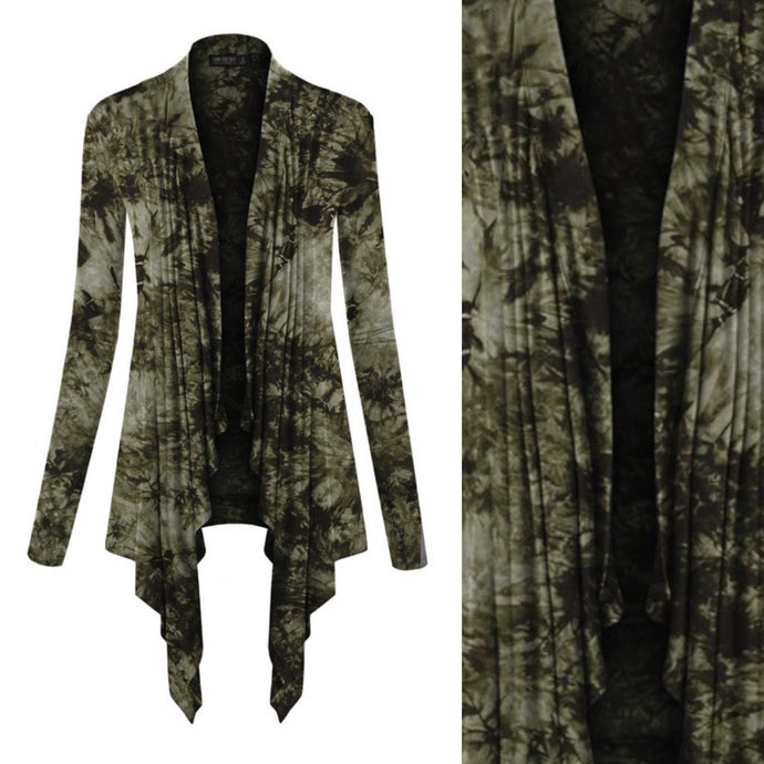 Witchy Women Open Drape Cardigan - Olive Tie Dye