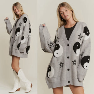 Yin Yang & Stars Cardigan - Gray