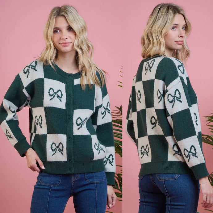 Bow Cardigan Sweater - Hunter Green