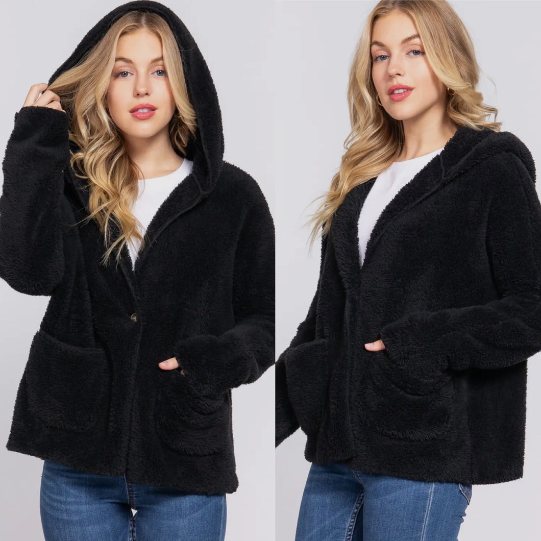 On the Go Fuzzy Open Jacket - Black