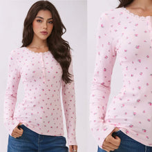 Henley Long Sleeve Top - Pink Ditsy Rose