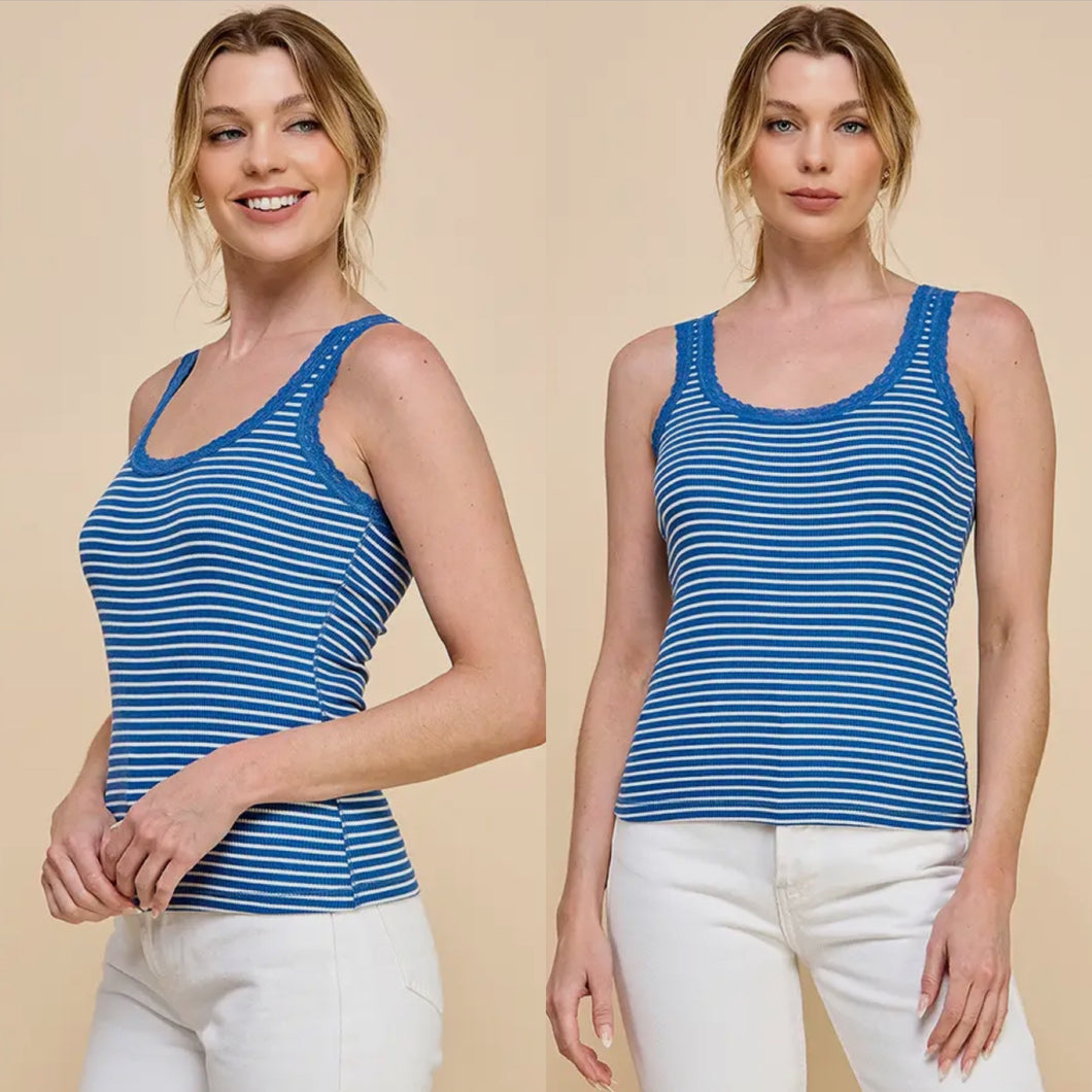 Stripe Lace Trim Top - Blue