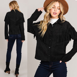 Vegan Suede Fringe Shacket - Black