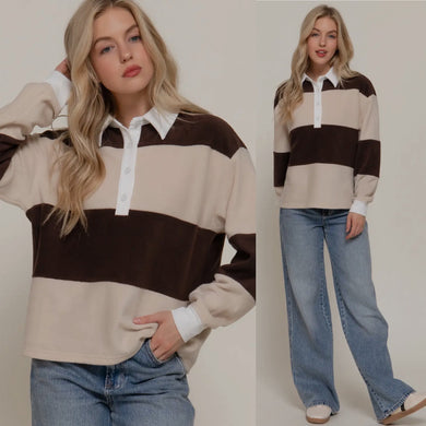 It Girl Rugby Collared Top - Chocolate