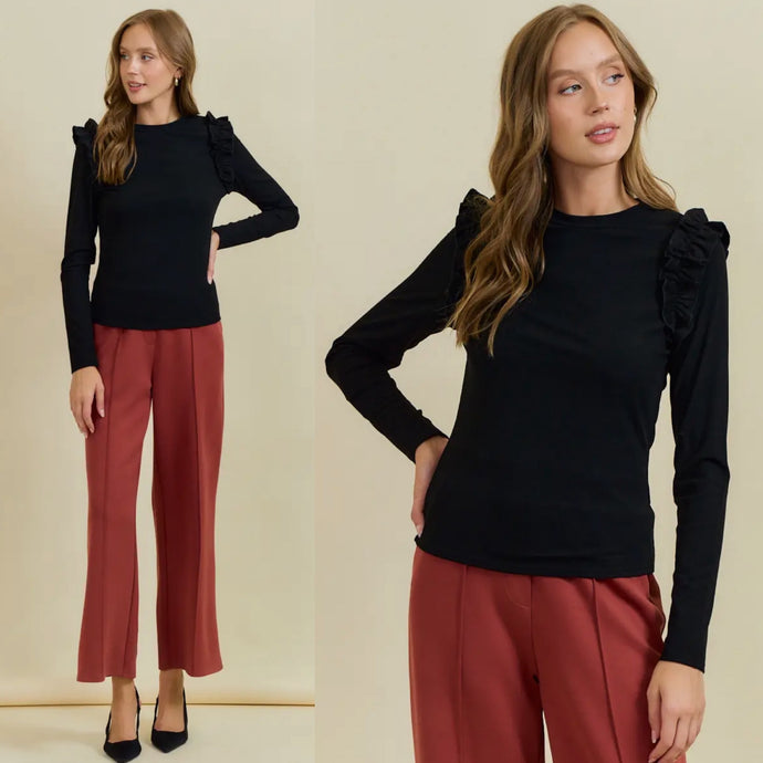 Town Shoulder Detail Long Sleeve Top - Black