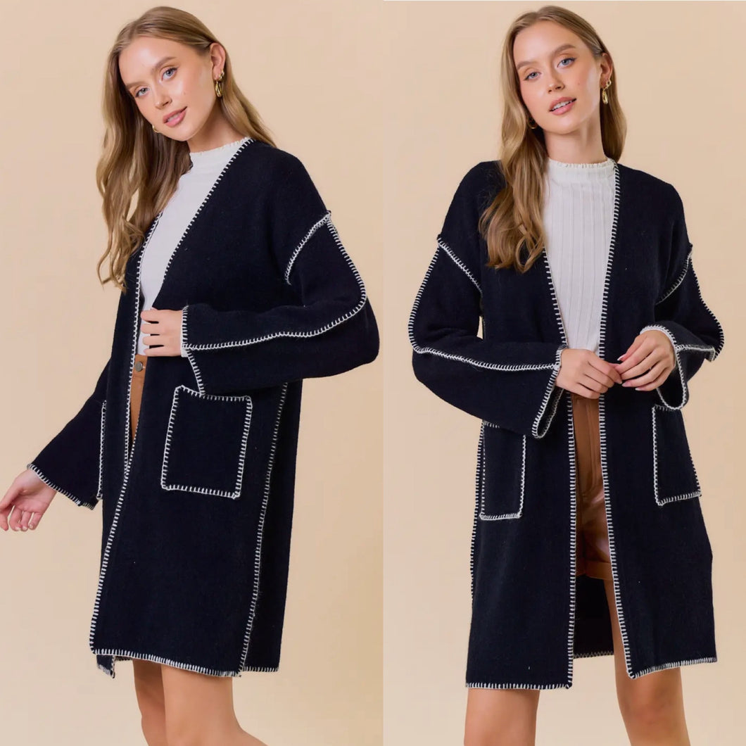 Madison Embroidery Stitch Open Cardigan - Black