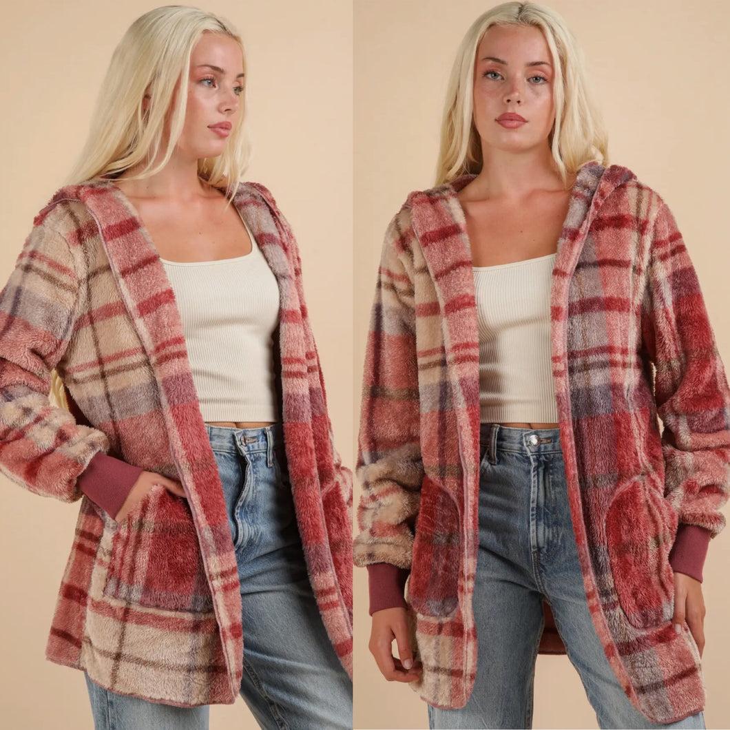 On the Go Fuzzy Hooded Jacket - Mauve Plaid