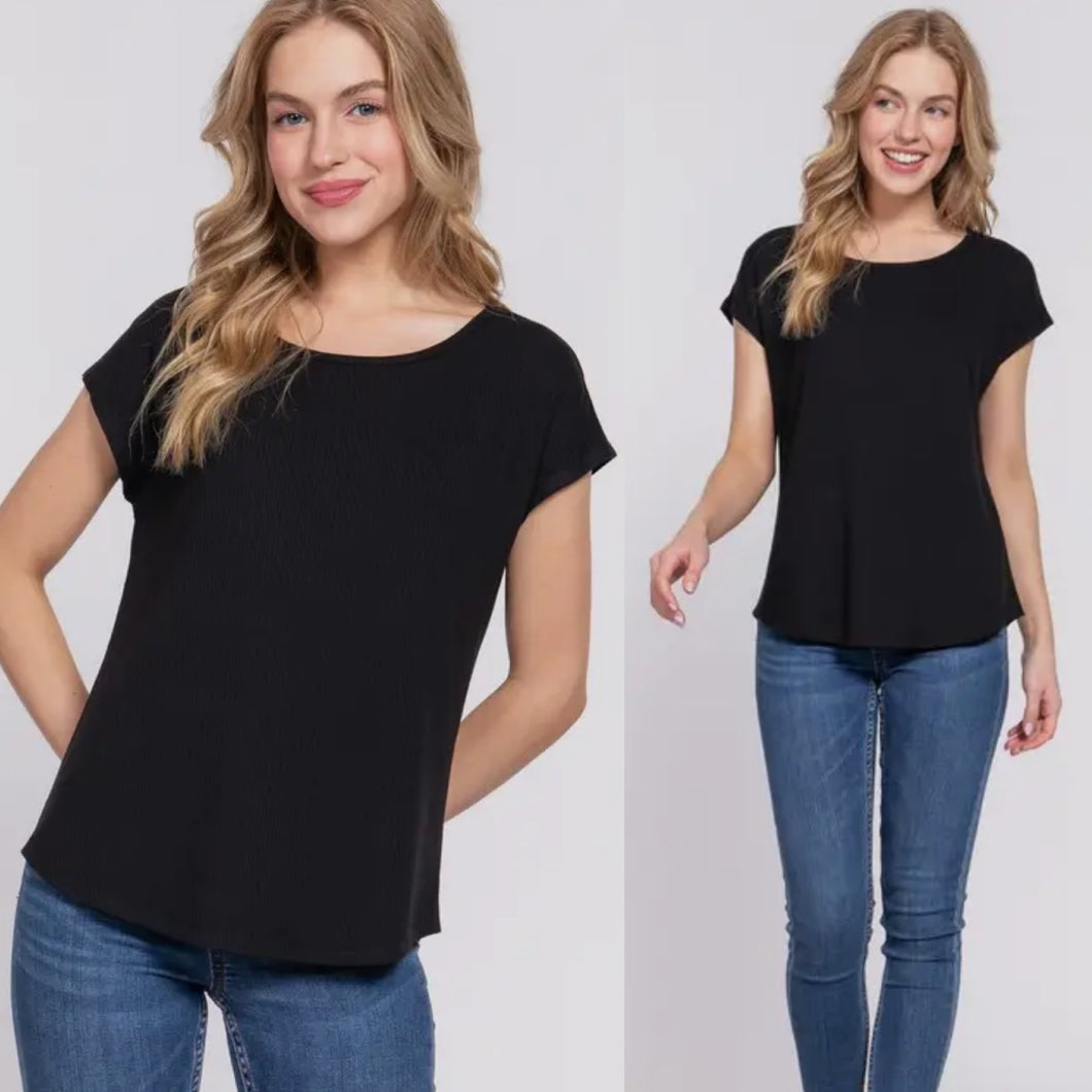 Ribbed Dolman Tee Top - Black