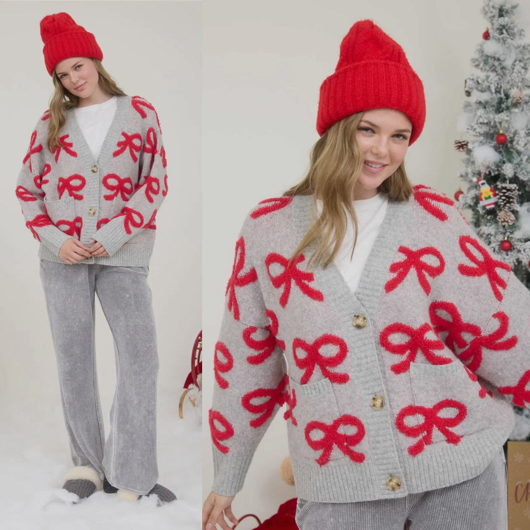 Rockefeller Bow Cardigan - Grey/Red