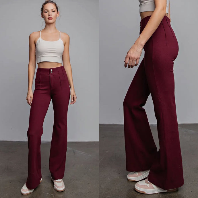 Ultimate Soft Stretch Button Up Bell Bottom Jeans - Burgundy