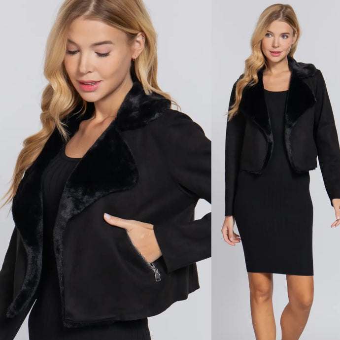 Nicky Faux Fur Suede Moto Jacket - Black