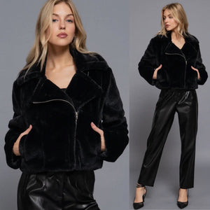 Moto Faux Fur Jacket - Black