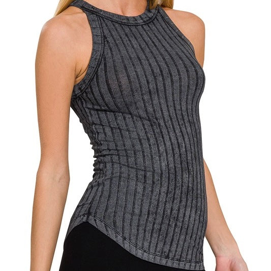 Acid Wash Ribbed Tank - Black