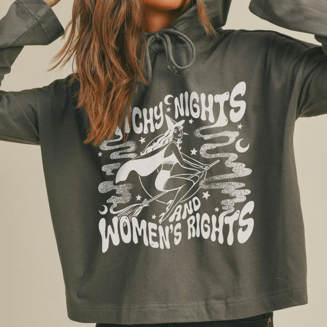 Witchy Nights Hooded Long Sleeve Top - Charcoal