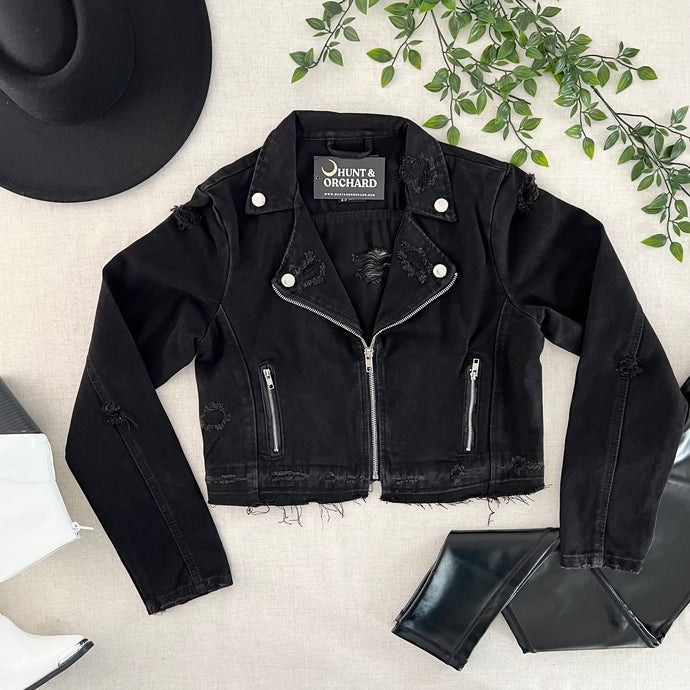 Distressed Moto Denim Jacket - Black