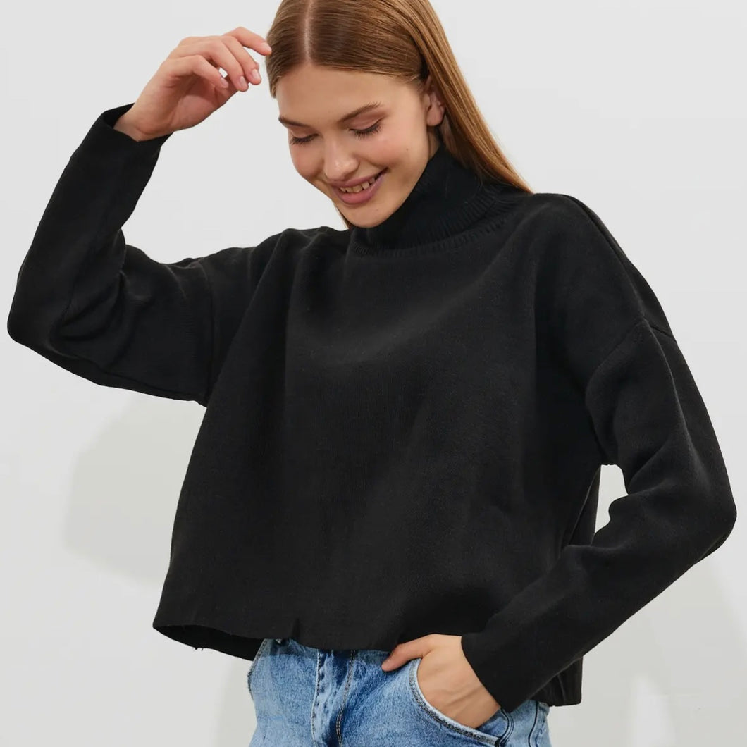 Greenport Turtleneck Crop Sweater - Black