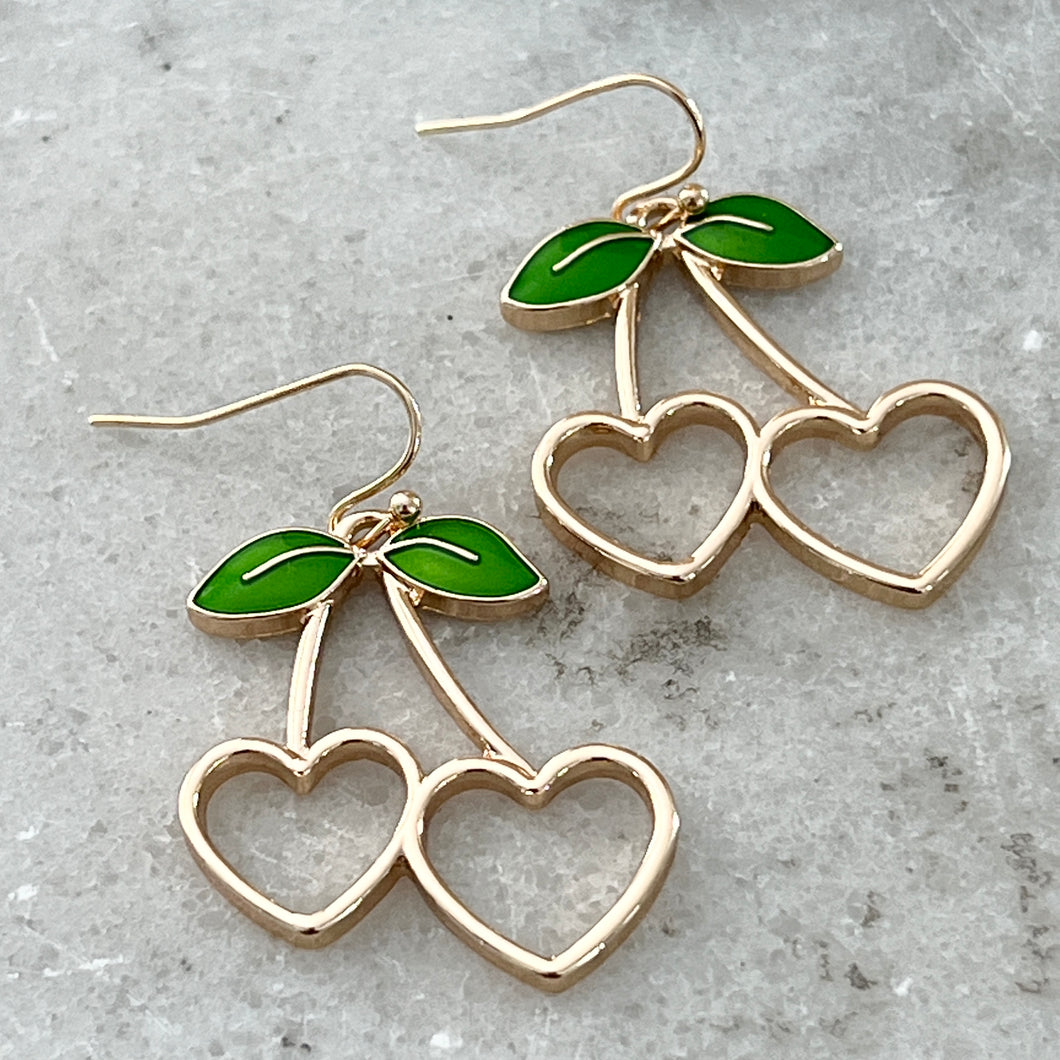 Cherry Heart Earrings - Gold