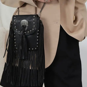 Outlaw Fringe Crossbody Skull Bag - Black