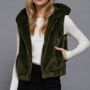 Olivia Faux Fur Hooded Vest - Hunter Green