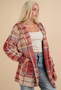 On the Go Fuzzy Hooded Jacket - Mauve Plaid