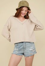 Emma V Neck Ribbed Long Sleeve Top - Beige