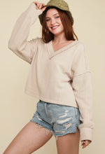 Emma V Neck Ribbed Long Sleeve Top - Beige