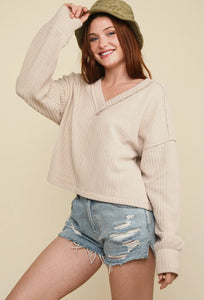 Emma V Neck Ribbed Long Sleeve Top - Beige