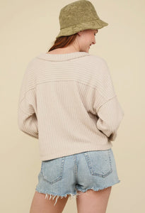 Emma V Neck Ribbed Long Sleeve Top - Beige