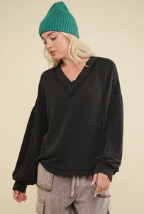 Steph Balloon Sleeve Waffle Ribbed Top - Charcoal