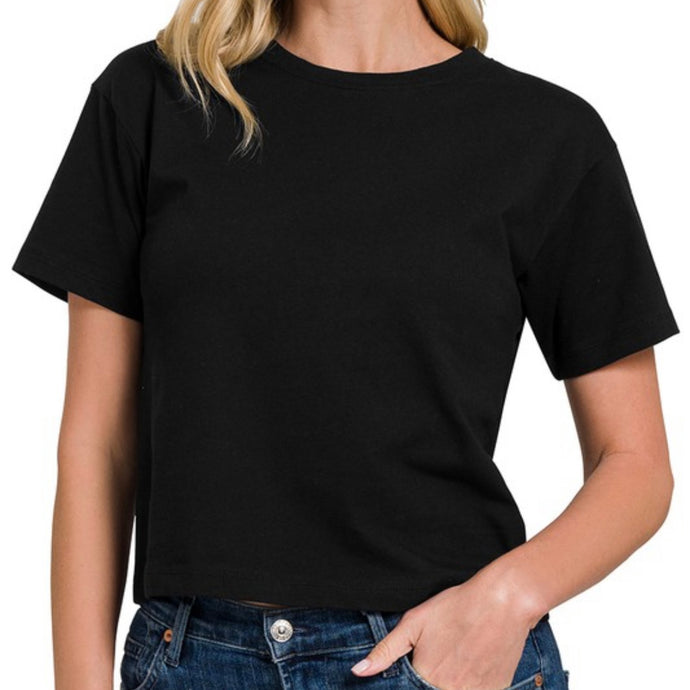Round Neck Cotton Crop Tee - Black