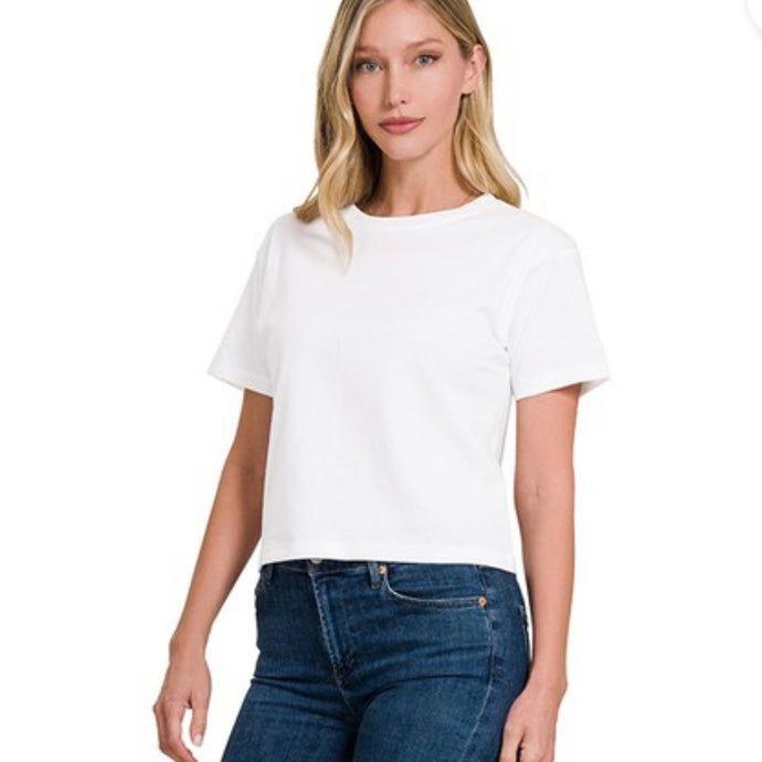 Round Neck Cotton Crop Tee - White