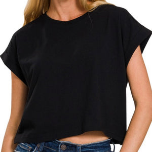 Layla Folded Sleeve Crop Tee - Black