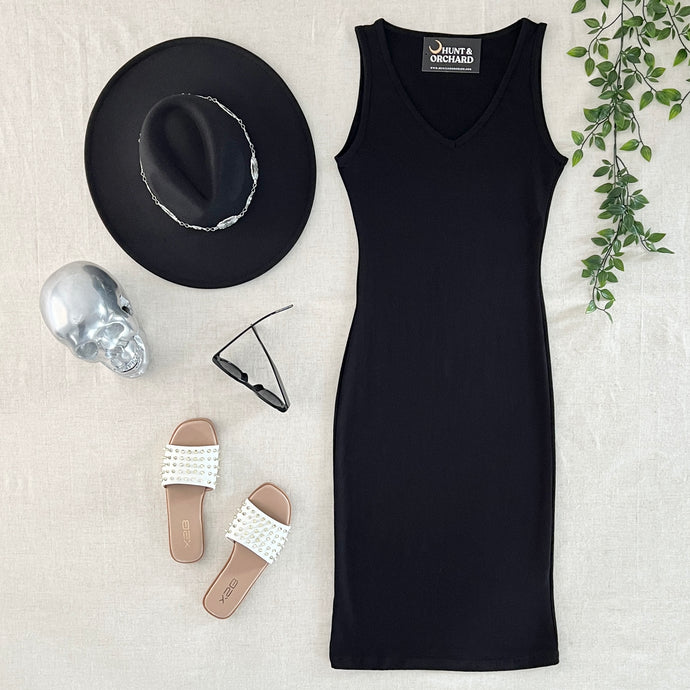 V Neck Midi Dress - Black