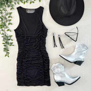 Cyndi Ruched Mesh Overlay Dress - Black