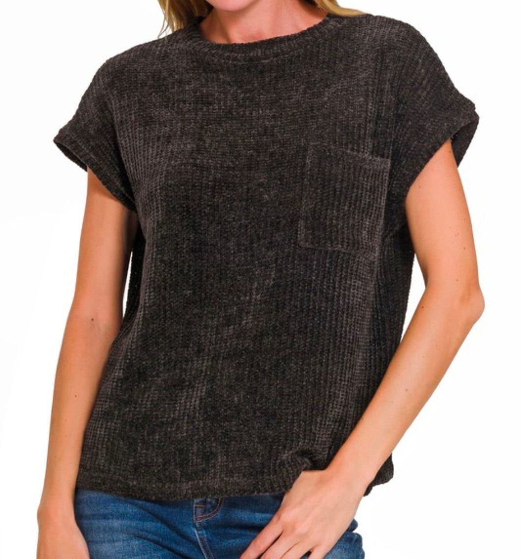 Chenille Sweater Short Sleeve Sweater - Black