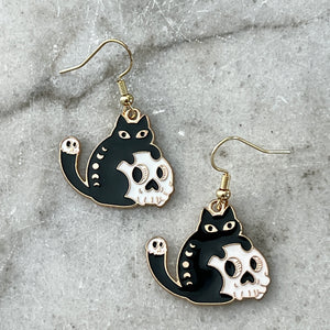 Black Cat & Skull Earrings - Gold