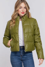 Downtown Vegan Leather Puffer Jacket - Olive