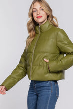 Downtown Vegan Leather Puffer Jacket - Olive